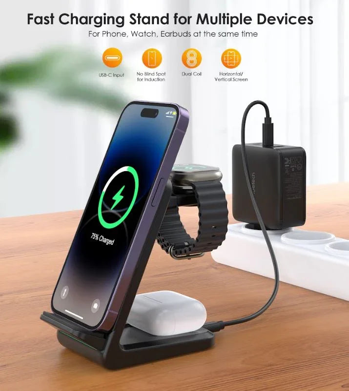 Choetech 3in1 wireless charging with removable iwatch charger holder (Compatible with both Apple and Samsung) black