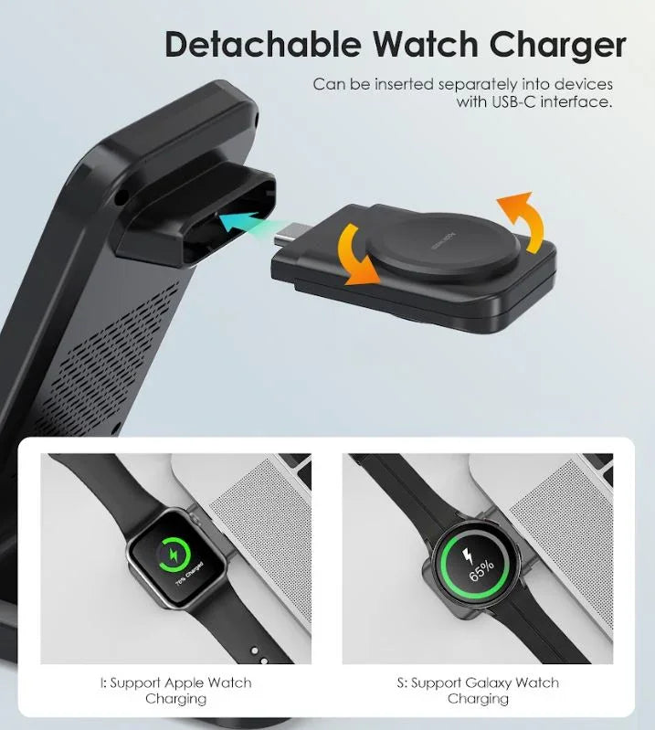 Choetech 3in1 wireless charging with removable iwatch charger holder (Compatible with both Apple and Samsung) black