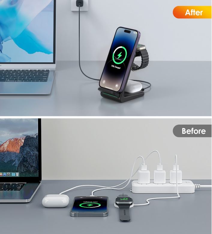 Choetech 3in1 wireless charging with removable iwatch charger holder (Compatible with both Apple and Samsung) black