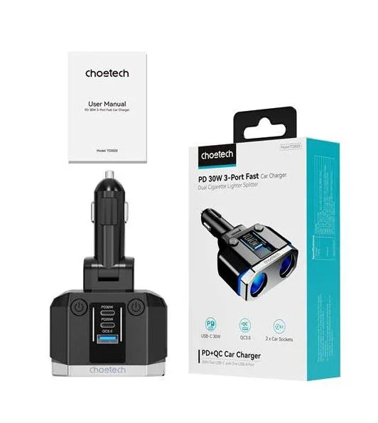 موزع ولاعة سجائر Choetech 2 مقبس 2C+1A أسود TC0020