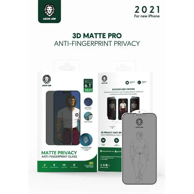 Green 3D Matte Privacy Glass Screen Protector for iPhone 13 Pro - Black
