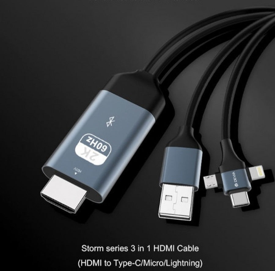 ديفا – كيبل HDMI 3 في 1 من سلسلة ستورم إتش دي إم آي إلى Type-C/Micro/Lightning & 2 متر – أسود