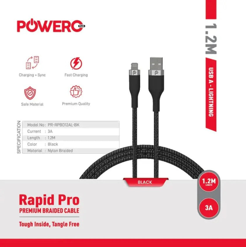 كابل Powero+ Rapid Pro Premium Braided من USB-A إلى Lightning بطول 1.2 متر - أسود