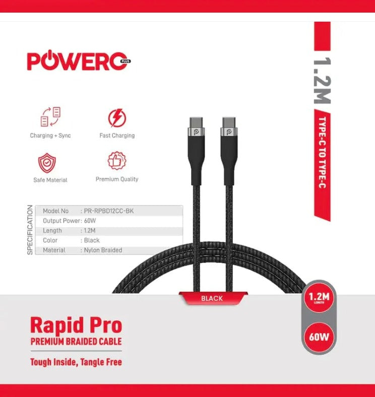 كابل Powero+ Rapid Pro Premium Braided من USB-C إلى USB-C بقوة 60 واط، بطول 1.2 متر - أسود