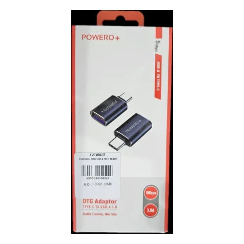 كابل POWERO+ OTG USB-A إلى USB-C مع نقل بيانات بسرعة 5 جيجابت في الثانية - أسود