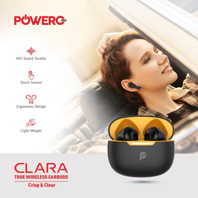 سماعات أذن Powero + Clara اللاسلكية الحقيقية - أسود وأصفر