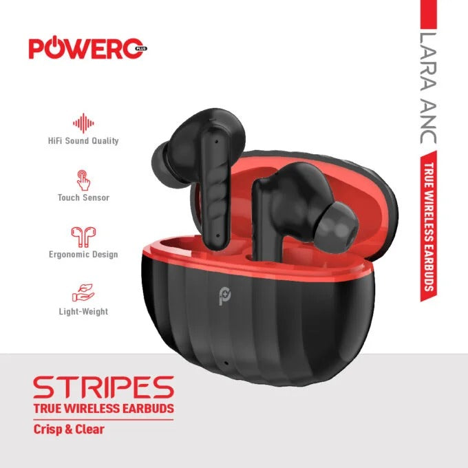 PowerO+ Stripes True Wireless Earbuds - Black & Red