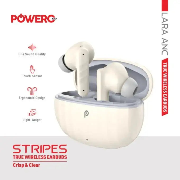 Powero + Stripes True Wireless Earbuds - Beige & Grey - GulfStore.com