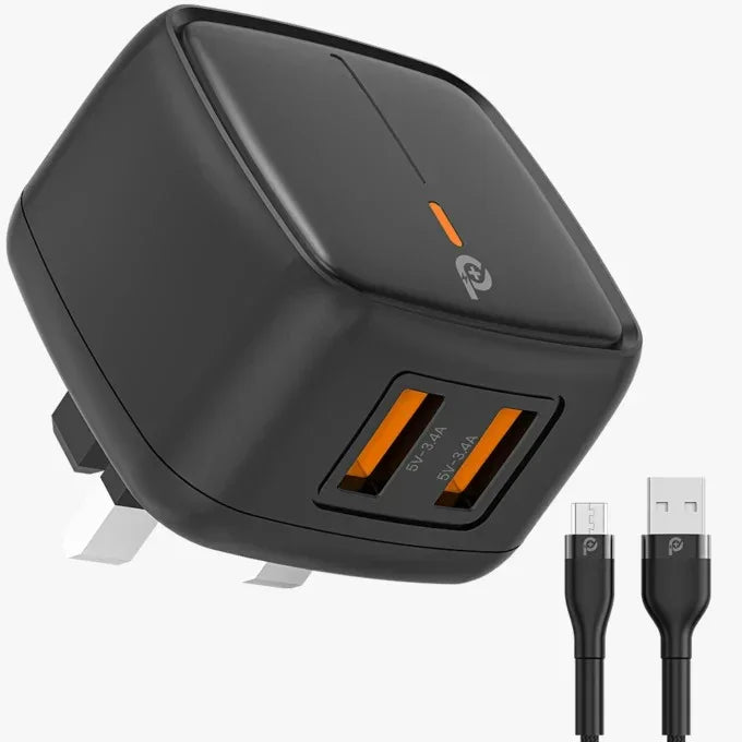 Powero+ British 12W UK Wall Charger with USB-A to Micro Cable