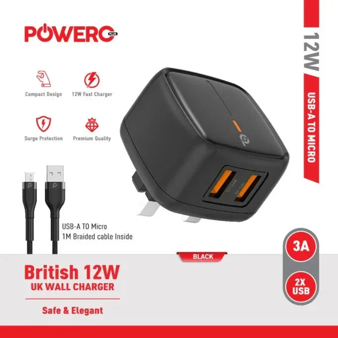 Powero+ British 12W UK Wall Charger with USB-A to Micro Cable