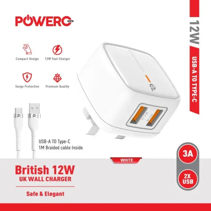 شاحن حائط Powero+ بريطاني بقوة 12 وات مع كابل USB A إلى Type C