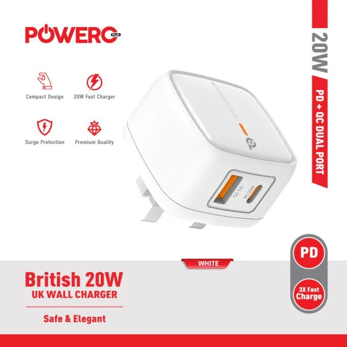 شاحن حائط Powero+ بريطاني بقوة 20 وات مع منفذين PD + QC