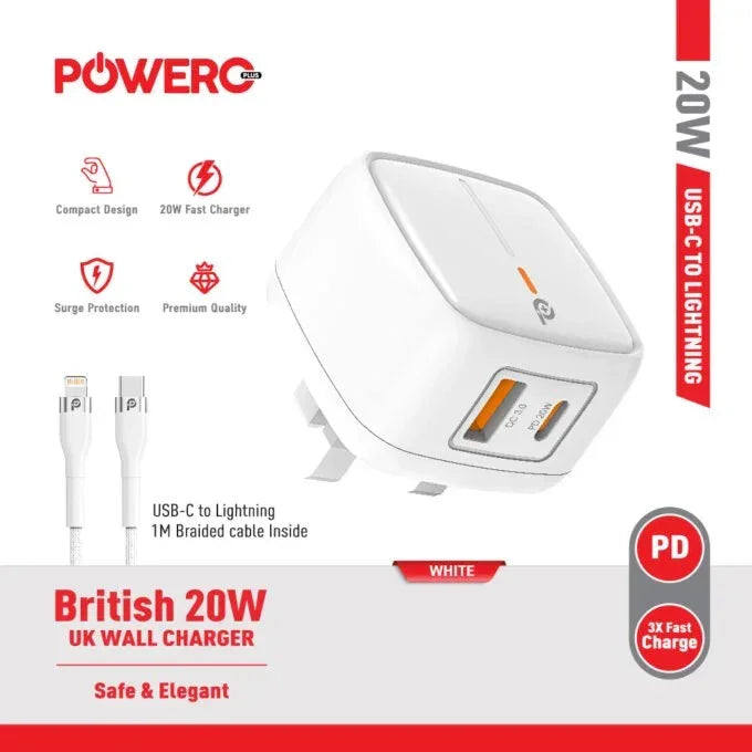 شاحن حائط Powero+ بريطاني بقوة 20 وات مع كابل من النوع C إلى Lightning