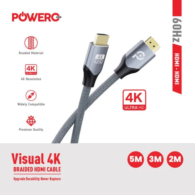 كابل HDMI مضفر 4K من Powero+ Visual بطول 2 متر - رمادي