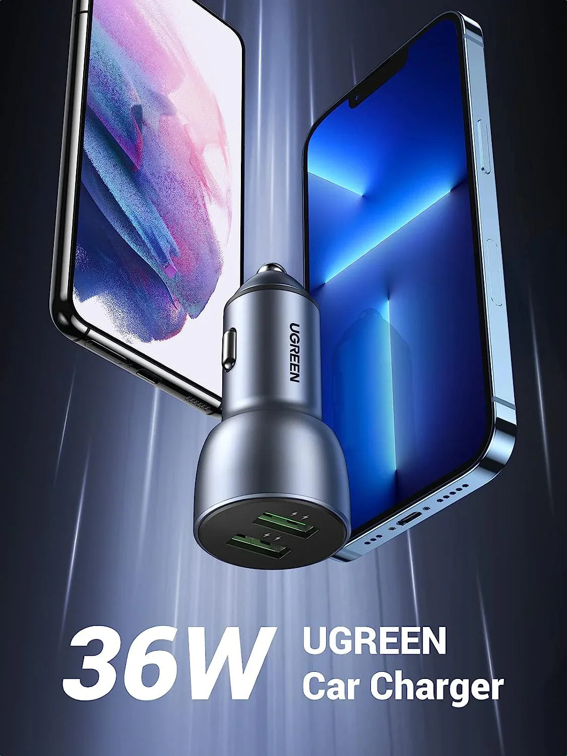 شاحن سيارة UGreen بقوة 36 وات بمنفذين USB وتقنية QC 3.0
