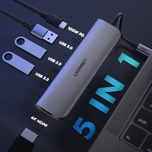 محول طاقة UGreen Type C إلى HDMI + USB 3.0-3+PD (موزع 5 في 1)