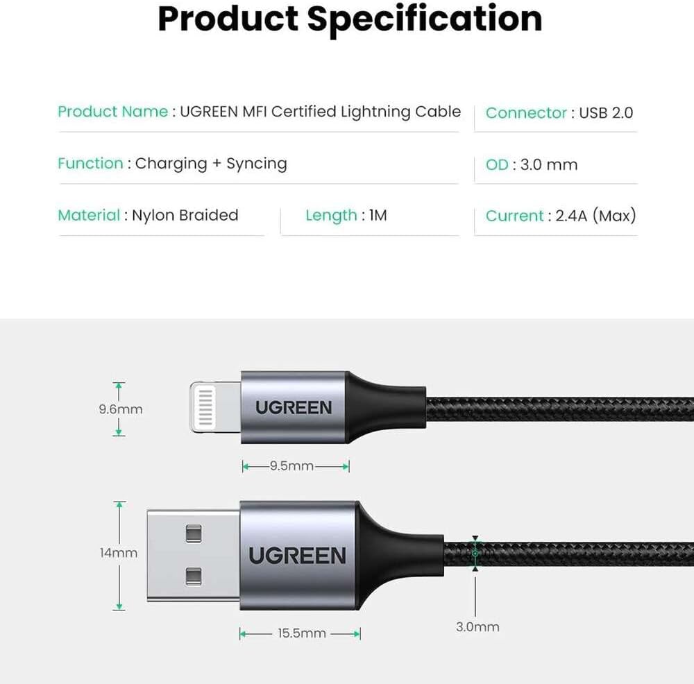 UGreen Aluminum Case Braided Lightning Cable 1.5m - Black