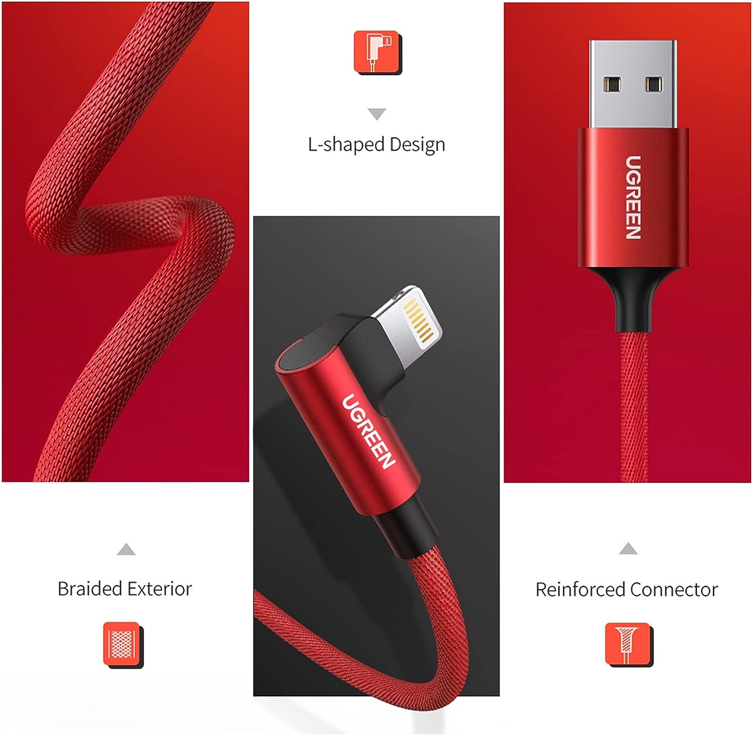 UGreen MFi Certification Right Angel Lightning to USB A Cable 1M - Red