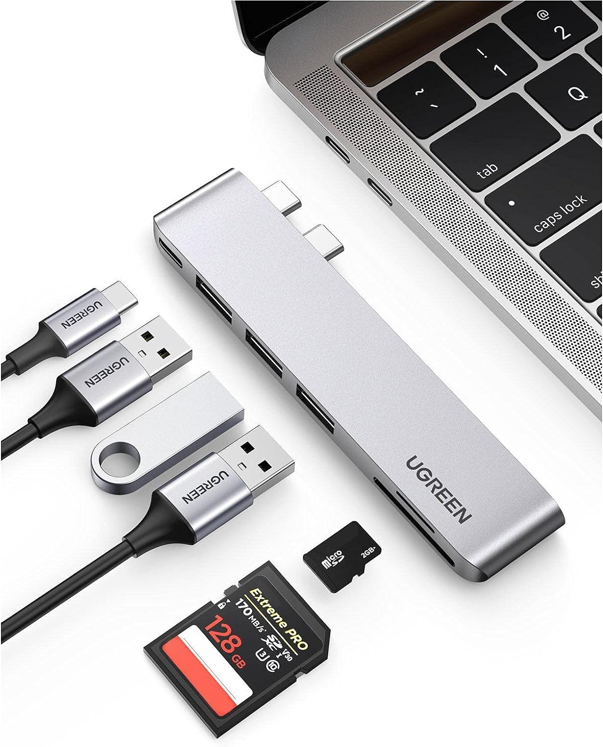UGreen 6-in-2 USB C Hub for MacBook Pro-Air - 3 x USB 3.0 - 1 x USB C 100W - 1 x Micro SD - 1 x SD - Ultra Slim Aluminum
