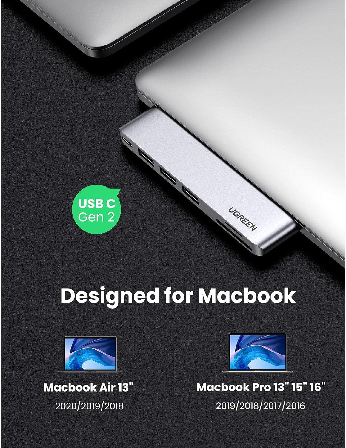 UGreen 6-in-2 USB C Hub for MacBook Pro-Air - 3 x USB 3.0 - 1 x USB C 100W - 1 x Micro SD - 1 x SD - Ultra Slim Aluminum