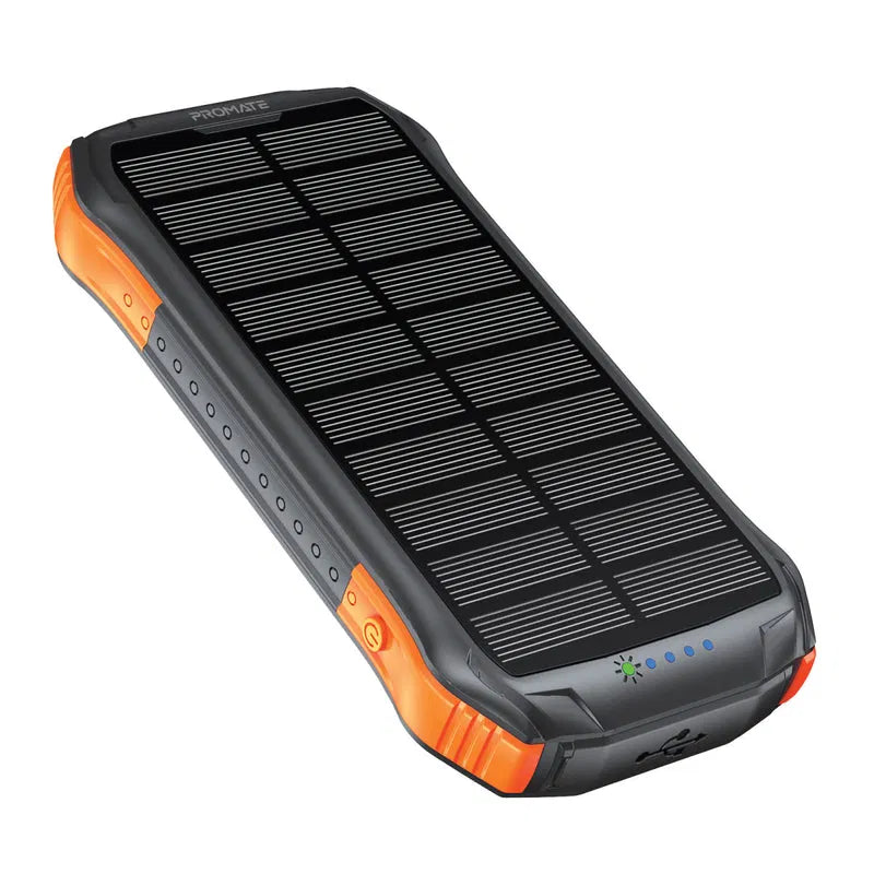 promate 10,000mAh Solar Power Bank - Portable Waterproof Charger with LED Flashlight | Fast Charging for Smartphones