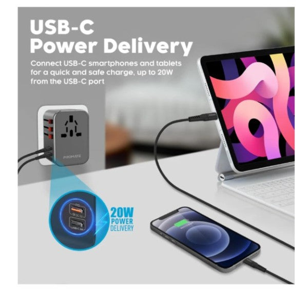 Promate 36W Smart Charging Surge Protected Universal Travel Adapter