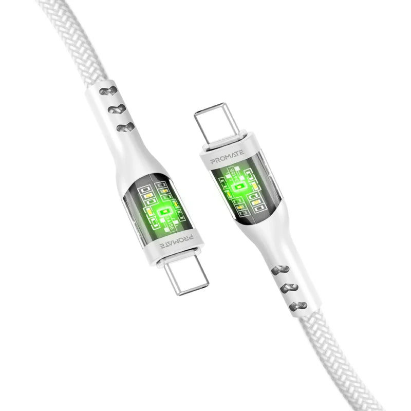 PROMATE - TransLine-CC60W 1.2M Power Delivery Ultra-Fast USB-C Cable with Transparent Shells - White