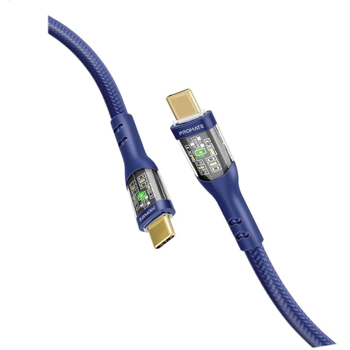 PROMATE - TransLine-CC60W 1.2M Power Delivery Ultra-Fast USB-C Cable with Transparent Shells - Navy