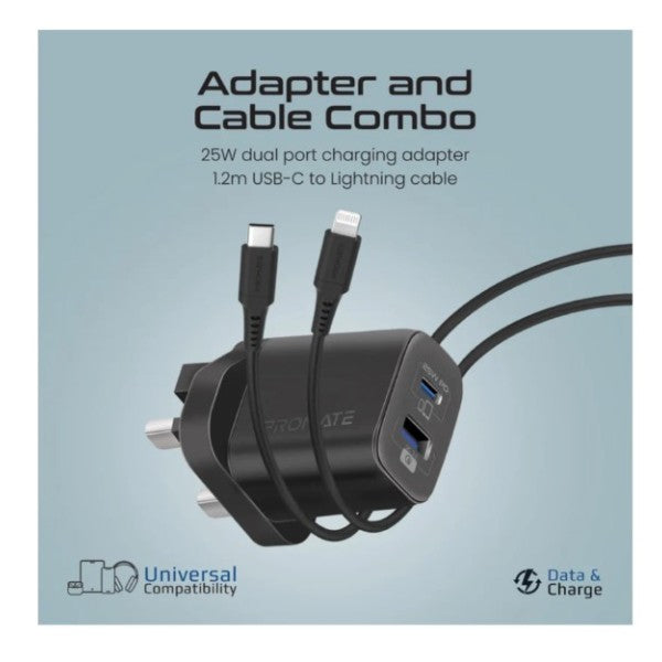 Promate 25W PD Dual Port Adapter with Ultra-Fast USB-C to Lightning Cable