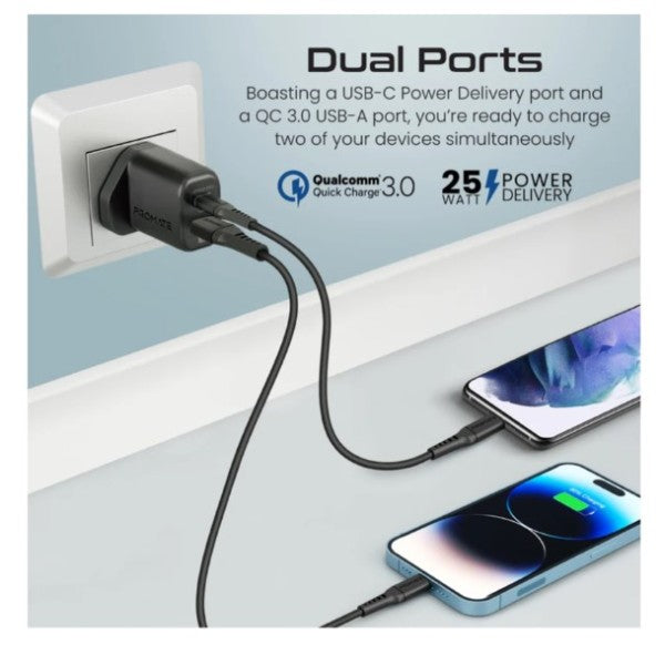 Promate 25W PD Dual Port Adapter with Ultra-Fast USB-C to Lightning Cable