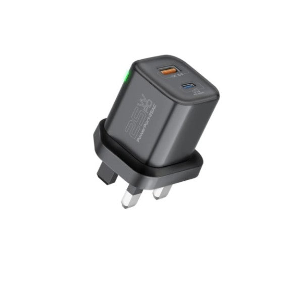 Promate Ultra-Fast Dual Port AC Charger with 25W Power Delivery and QC 3.0, Black - PowerPort-25AC