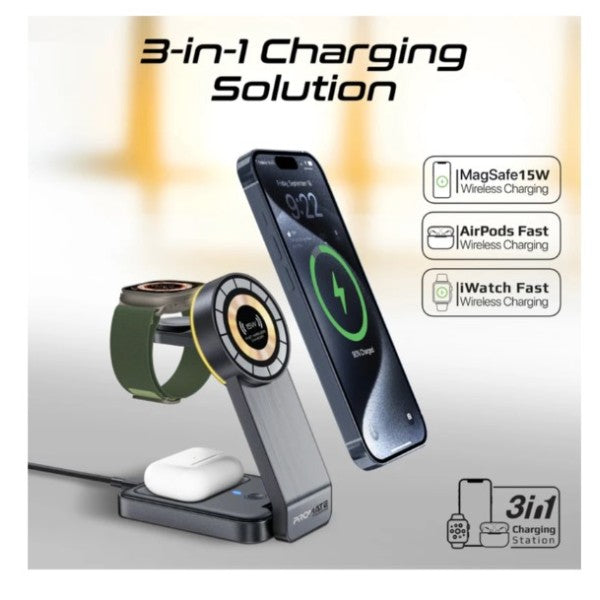 محطة شحن لاسلكي شفافة قابلة للطي 3 في 1 من بروميت، متوافقة مع ماج سيف، مزودة بإضاءة ليلية - ترانسفولد