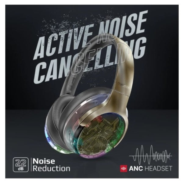 سماعات رأس لاسلكية ستيريو عالية الدقة من بروميت مع خاصية إلغاء الضوضاء النشطة وإضاءة RGB، لون رمادي معدني