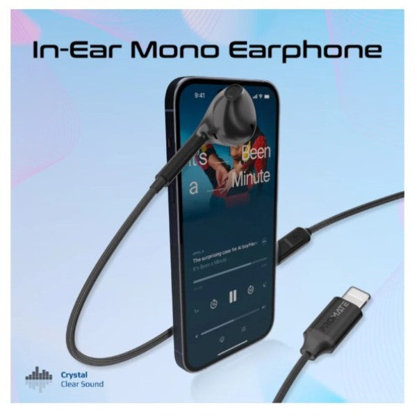 Promate MFI Certified Ergonomic In-Ear Wired Mono Earphone with Lightning Connector, Black