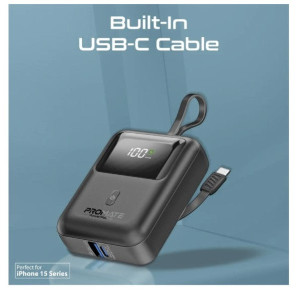 بنك طاقة بروميت فائق الصغر بسعة 10000 مللي أمبير، بقوة 35 واط، بتقنية SuperSpeed™، مزود بكابل USB-C مدمج - أسود