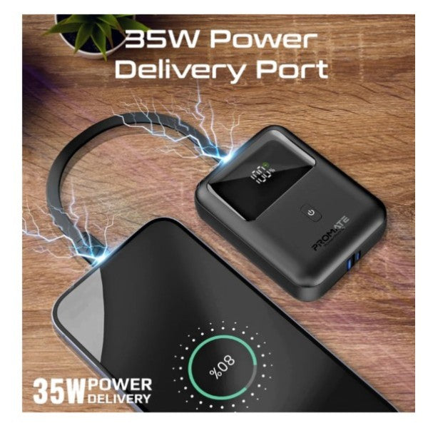 بنك طاقة بروميت فائق الصغر بسعة 10000 مللي أمبير، بقوة 35 واط، بتقنية SuperSpeed™، مزود بكابل USB-C مدمج - أسود