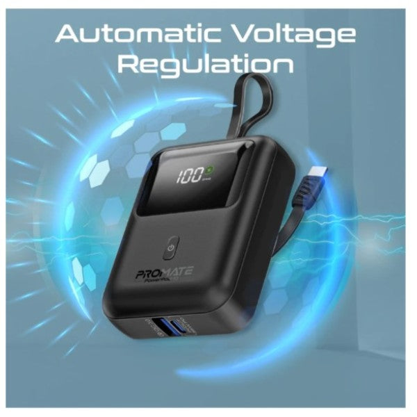 بنك طاقة بروميت فائق الصغر بسعة 10000 مللي أمبير، بقوة 35 واط، بتقنية SuperSpeed™، مزود بكابل USB-C مدمج - أسود