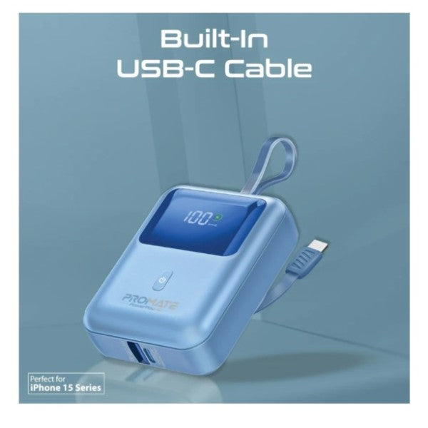 بنك طاقة بروميت فائق الصغر بسعة 10000 مللي أمبير، بقوة 35 واط، بتقنية SuperSpeed™، مزود بكابل USB-C مدمج - أزرق