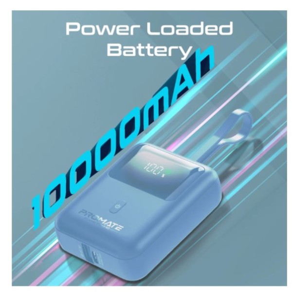 بنك طاقة بروميت فائق الصغر بسعة 10000 مللي أمبير، بقوة 35 واط، بتقنية SuperSpeed™، مزود بكابل USB-C مدمج - أزرق