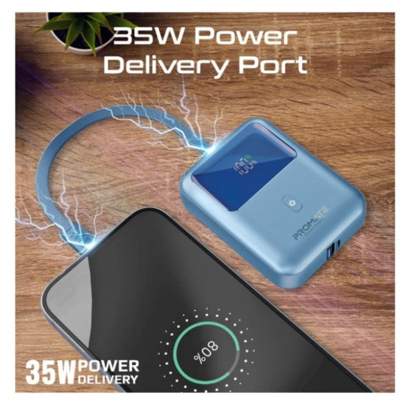 بنك طاقة بروميت فائق الصغر بسعة 10000 مللي أمبير، بقوة 35 واط، بتقنية SuperSpeed™، مزود بكابل USB-C مدمج - أزرق