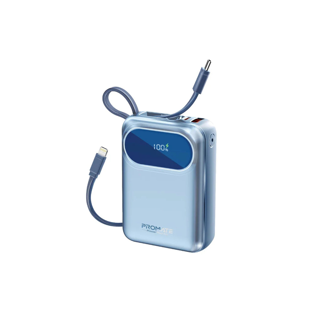بنك طاقة بروميت فائق الصغر بسعة 20000 مللي أمبير، بقوة 35 واط، بتقنية SuperSpeed™، مزود بكابل USB-C و Lightning مدمجين - أزرق