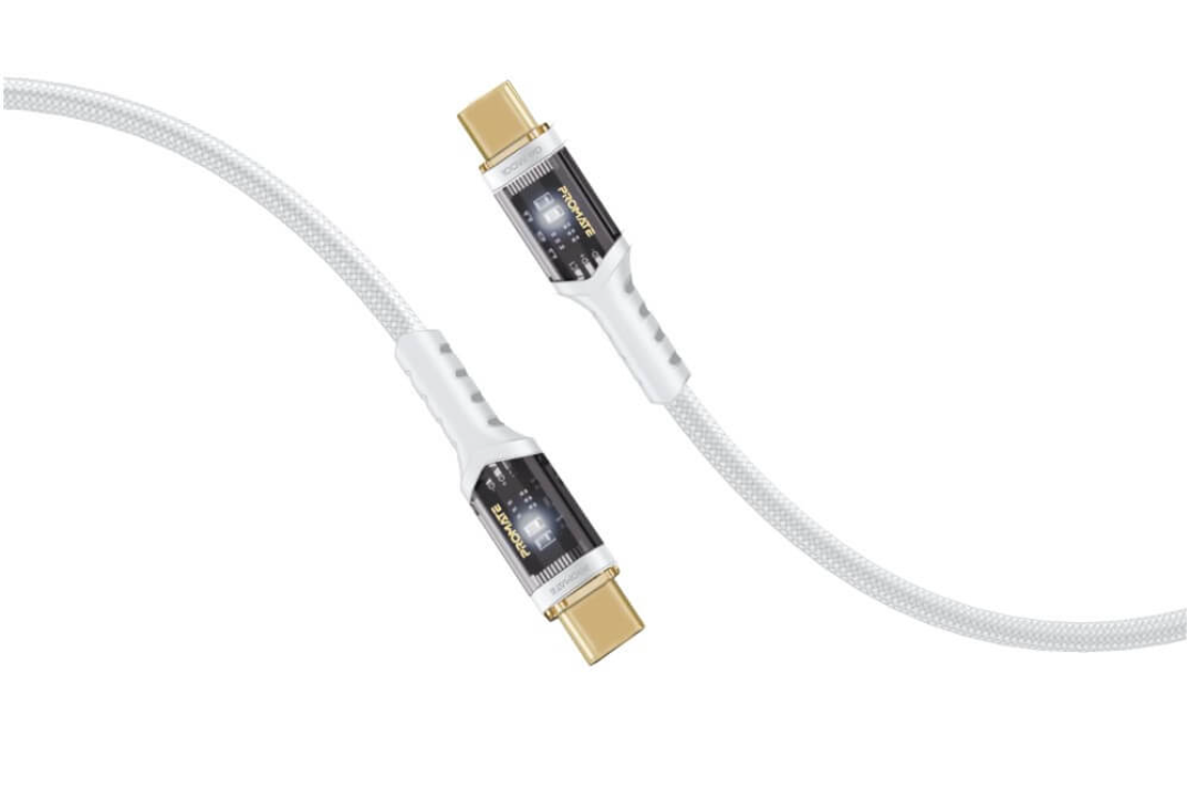 (LucidLine-CC200.White) PROMATE 2M USB-C Cable, 100W Power Delivery, Transparent Tips LED, 480 Mbps Transfer Rate, Gold Plated Connectors - White