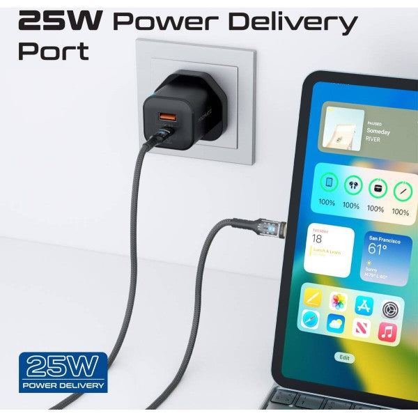 Promate 25W Dual Port Adapter Combo with 60W Fast Charging USB-C Cable - POWERPORT-25CC