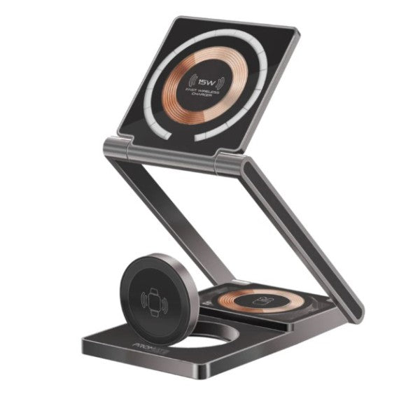 محطة شحن لاسلكي بروميت 3 في 1 فائقة النحافة وشفافة وقابلة للطي بقدرة 15 واط ومتوافقة مع تقنية ماج سيف