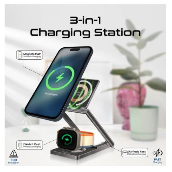 محطة شحن لاسلكي بروميت 3 في 1 فائقة النحافة وشفافة وقابلة للطي بقدرة 15 واط ومتوافقة مع تقنية ماج سيف