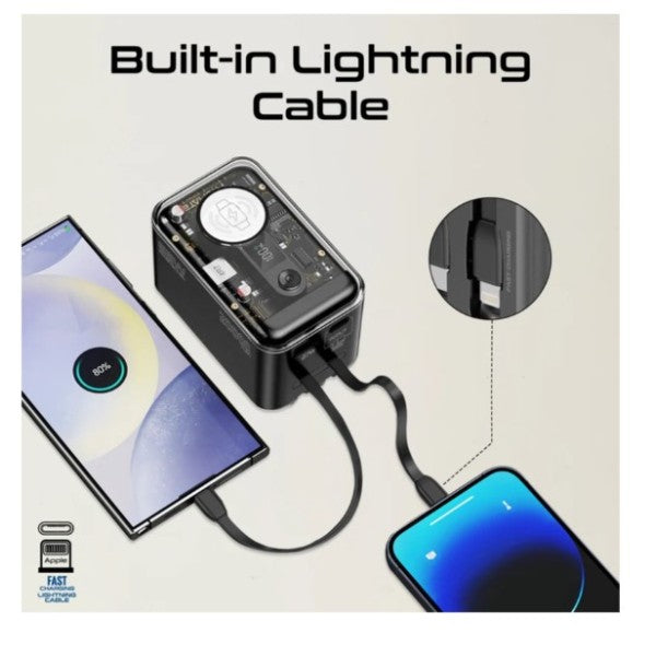 بنك طاقة بروميت شفاف بسعة 20000 مللي أمبير وقوة 65 واط لشحن أجهزة متعددة، مزود بكابل USB-C وكابل Lightning مدمجين، أسود - Mavrix-20