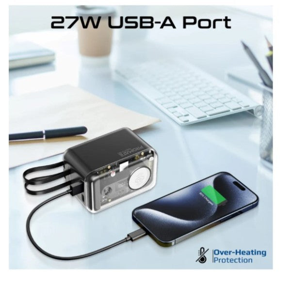 بنك طاقة بروميت شفاف بسعة 20000 مللي أمبير وقوة 65 واط لشحن أجهزة متعددة، مزود بكابل USB-C وكابل Lightning مدمجين، أسود - Mavrix-20