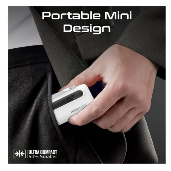 باور بانك بروميت 5000 مللي أمبير، فائق الصغر، سريع الشحن، مزود بموصلين قابلين للطي USB-C™ و Lightning، باور أب ديو - أبيض