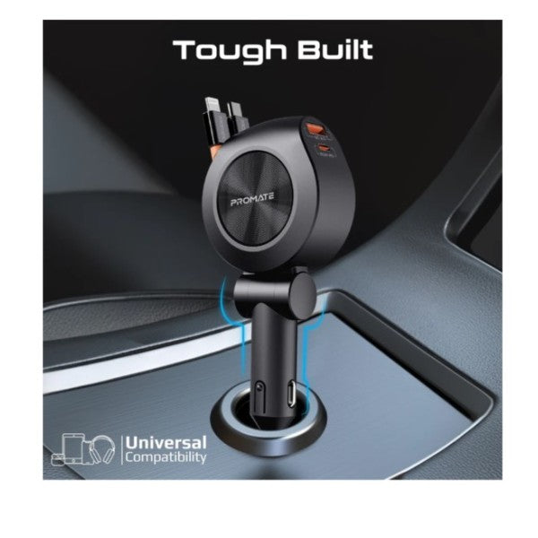 Promate 88W Multi-Port Car Charger with Dual Retractable USB-C Cables - DRIVEGEAR-R2