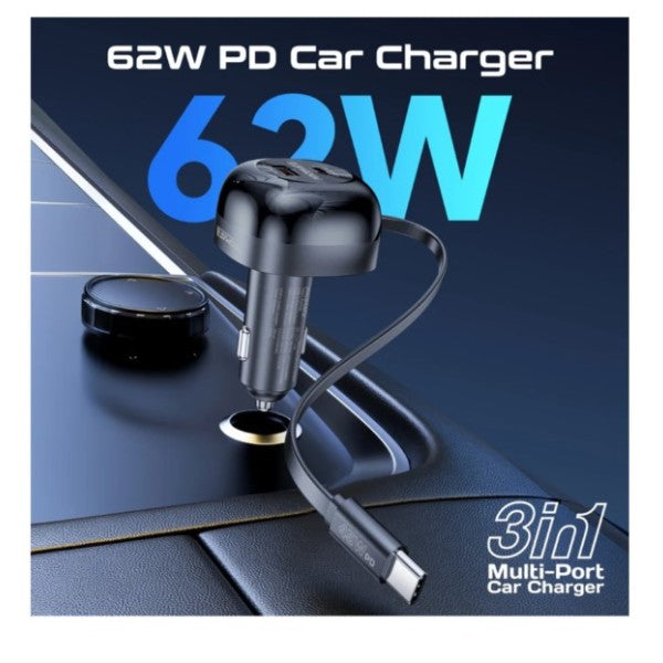 62W Multi-Port Car Charger with Retractable USB-C Cable